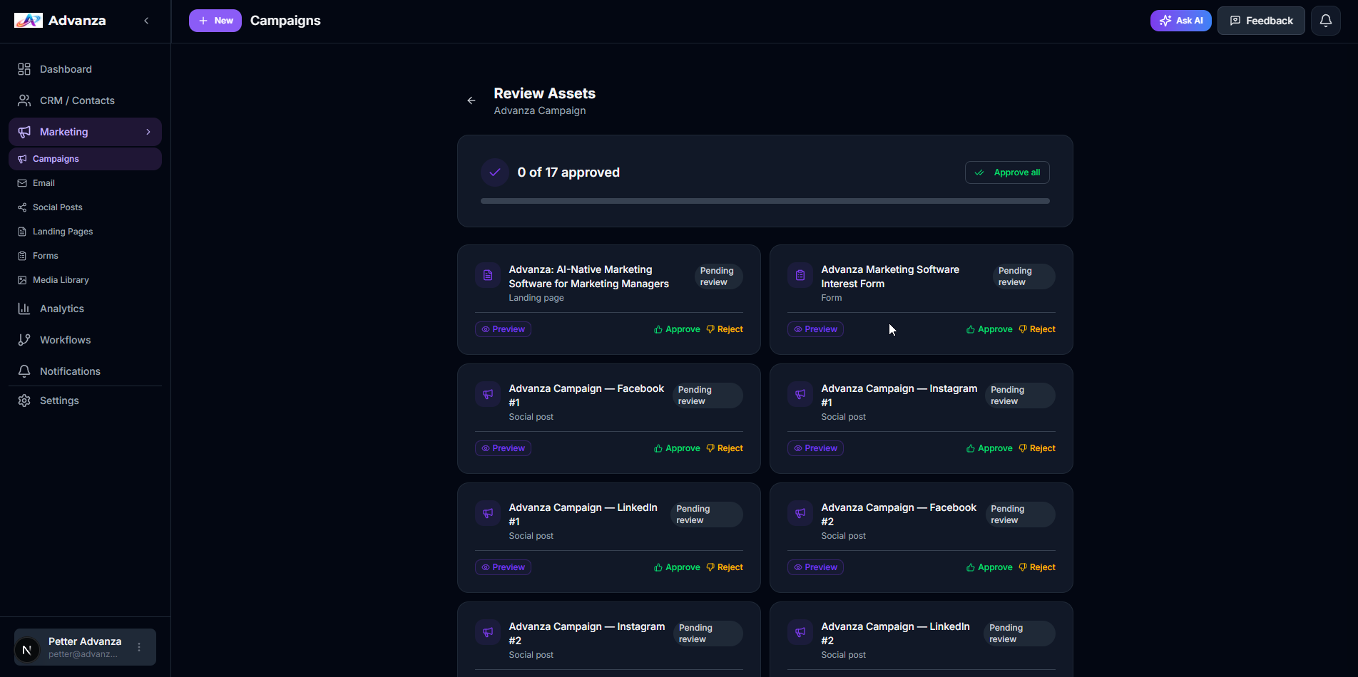 Campaign review with landing pages