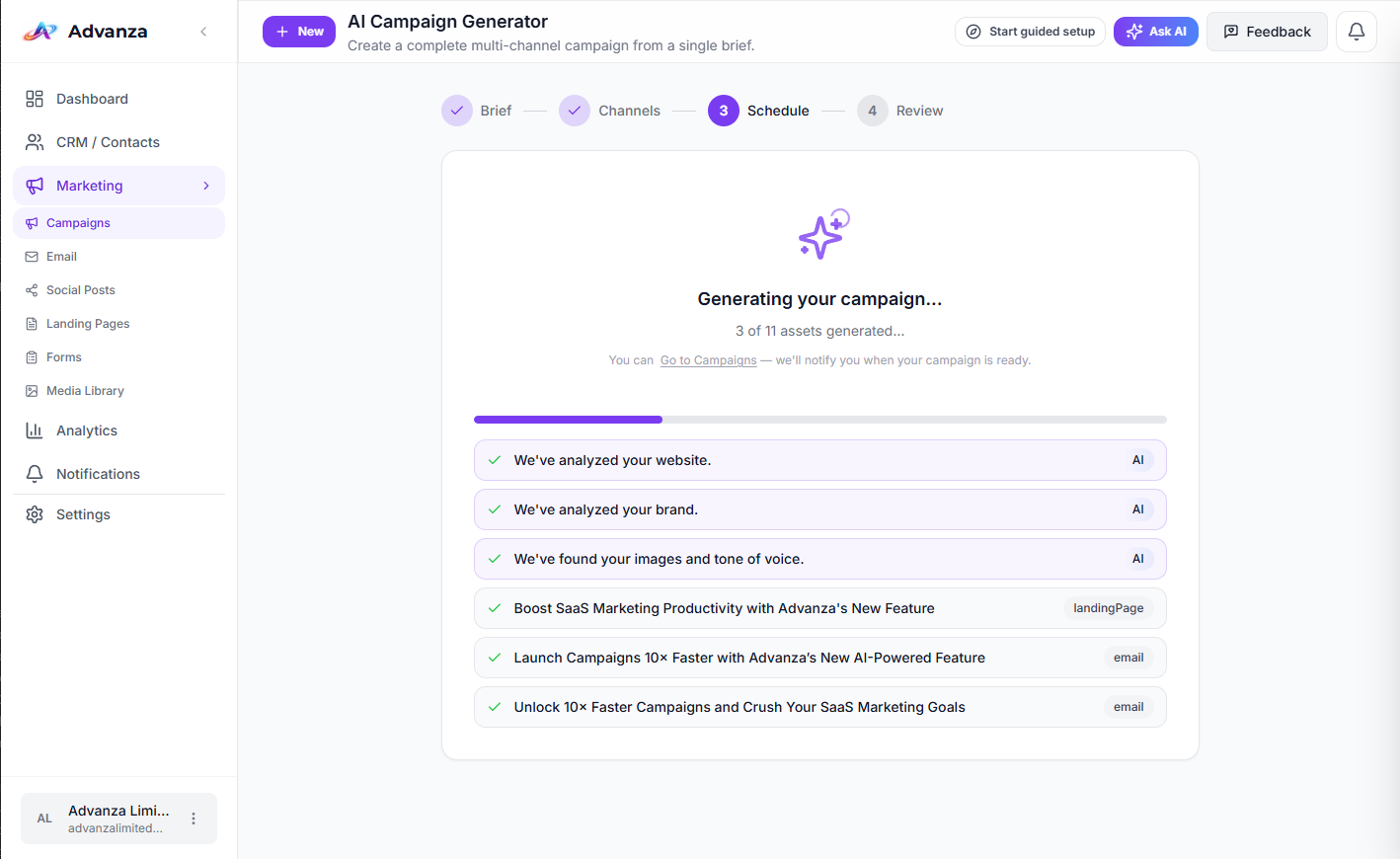 Advanza AI Campaign Generator review screen