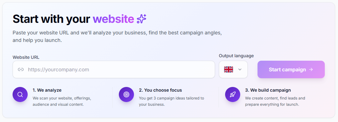 Advanza's campaign starter, where pasting a website URL produces campaign angles
