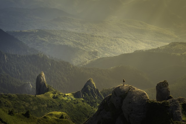 Low sun over a green mountain ridge
